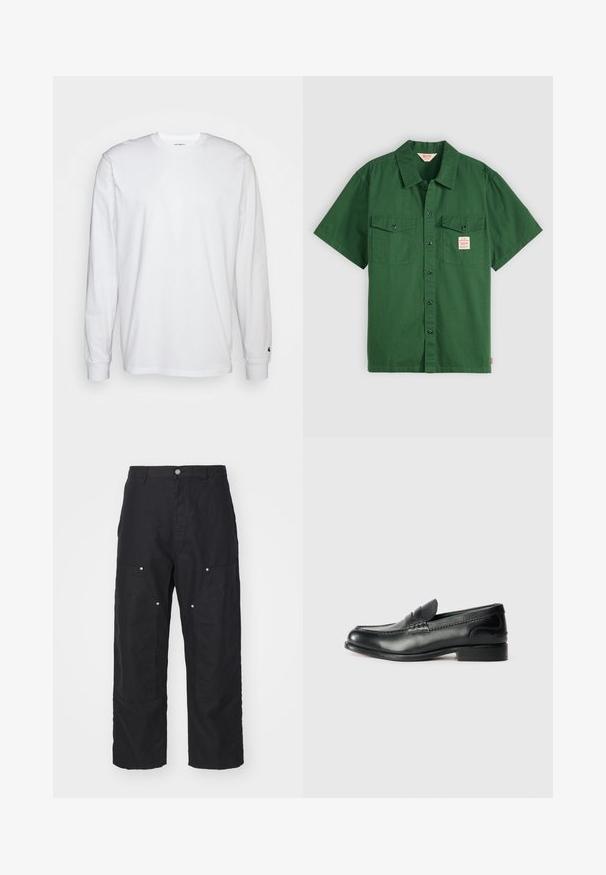 Bijela dugopruga majica s dugim rukavima od pamuka. Dizajn s okruglim izrezom, rebrastim manžetama i malim logotipom na lijevom rukavu. Glatka tekstura.; Zelena pamučna majica kratkih rukava s dugmadi sprijeda, dva džepa na prsima i malom oznakom na lijevom džepu. Jednostavna, bez uzoraka.; Crne hlače izrađene od teksturiranog materijala, sa visokim strukom, slobodnim krojem i prednjim džepovima sa srebrnim kopčama.; Crne kožne mokasine s glatkom finisiranjem, šivanim detaljima duž gornjeg dijela i lagano povišenim petama.