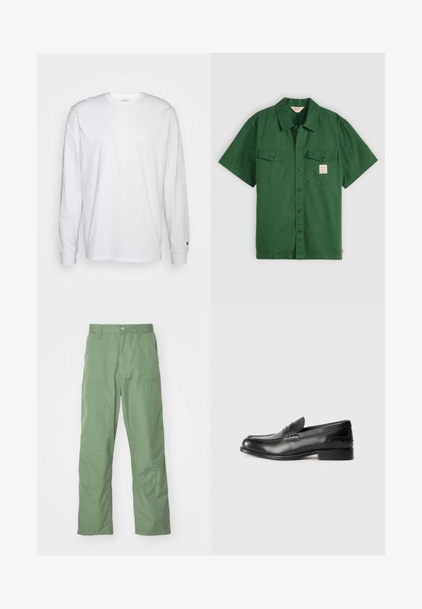Bílá dlouhá tričko s dlouhými rukávy vyrobené z bavlny. Design s kulatým výstřihem, žebrované manžety a malé logo na levém rukávu. Hladká textura.; Krátký rukáv zelená bavlněná košile s knoflíkovou přední částí, dvěma náprsními kapsami a malou etiketou na levé kapse. Hladká, bez vzorů.; Světle zelené kalhoty volného střihu s hladkým povrchem, které mají boční kapsy a viditelné švy. Dlouhé, s rovnou nohavicí.; Černé kožené mokasíny s hladkým povrchem, prošívanými detaily na svršku a mírně zvýšeným podpatkem.
