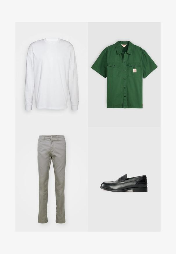 Hvit langermet T-skjorte laget av bomull. Rund hals-design med ribbestrikkede mansjetter og en liten logo på venstre erme. Glatt tekstur.; Kortermet grønn skjorte i bomull med knapplukking, to brystlommer og et lite merke på venstre lomme. Ensfarget, uten mønstre.; Carhartt WIP SID PANT - Bukse - misty grey; Sorte lærloafers med en glat overflade, syede detaljer over vamps og en let hævet hæl.