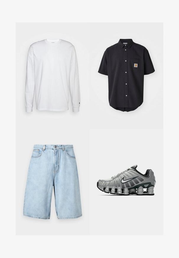 Tricou alb cu mâneci lungi, din bumbac. Design cu guler rotund, cu manșete ribbate și un logo mic pe mâneca stângă. Textură netedă.; Cămașă cu mânecă scurtă, cu nasturi, dintr-un material texturat de culoare albastru închis, având o buzunar pe piept cu o etichetă logo pătrată și nasturi albi.; Shorts din denim de culoare albastru deschis, cu un croi relaxat, dotate cu două buzunare frontale, fermoar și accente de cusătură vizibile.; Adidas de alergare gri și negru, cu amortizare vizibilă sub talpă, asemănătoare unui arc, și un logo swoosh alb pe lateral.