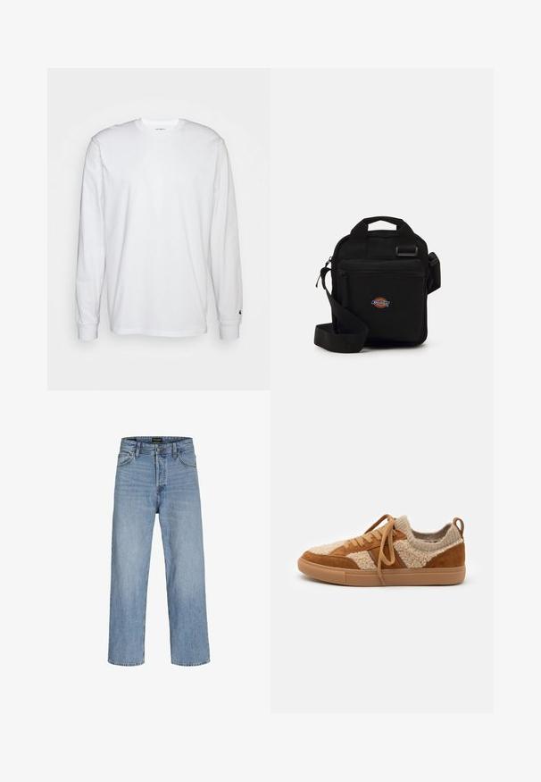 Biela dlhá bavlnená tričko s dlhým rukávom. Dizajn s okrúhlym výstrihom a rebrovanými manžetami, malá nášivka na ľavom rukáve. Hladká textura.; Svetlomodré denimové jeansy s vysokým pásom, rovného strihu, so piatimi vreckami a zapínaním na gombík. Klasickú prípravu s minimálnym opotrebením.; Svetlé tenisky v odtieňoch tan a béžovej s vrchnou časťou zo zmesi semišu a vlny, okrúly špička, bavlnené šnúrky a gumová podošva. Textúrovaný povrch a kontrastné farebné panely.; Čierna crossbody taška s našitým zipsovým vreckom, obdĺžnikový tvar, vyrobená z textílie, s logom na prednej strane, nastaviteľný ramenný popruh.