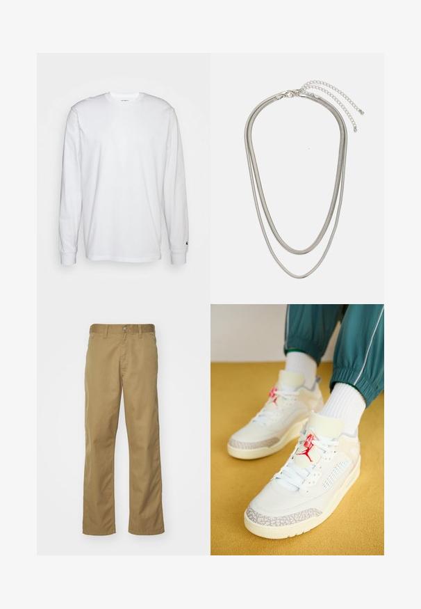 Fehér, hosszú ujjú, pamut póló. Kerek nyakú kialakítás, bordázott mandzsetták és egy kis logó a bal ujján. Simaság jellemzi.; Khaki chino nadrág, egyenes lábformával, sima pamut anyagból készült. Előlapján gombos záródással és oldalsó zsebekkel rendelkezik.; Jordan JORDAN SPIZIKE LOW - Sportcipő - sail/university red/coconut milk/sandstone/smoke grey; Háromrétegű ezüstszínű fém nyaklánc, letisztult, rugalmas láncokkal, enyhe fényességgel, homárkapoccsal rögzítve és állítható lánccal.