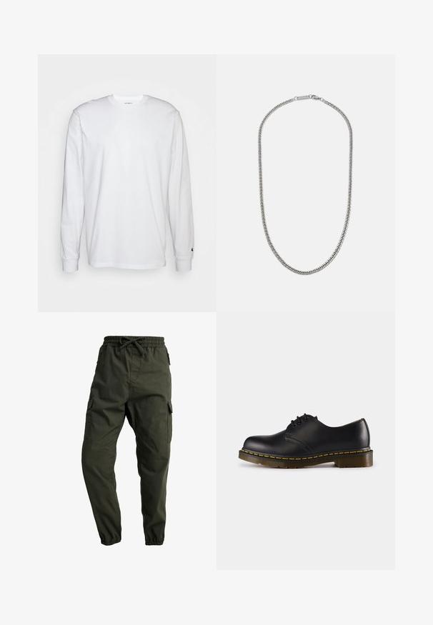 Valge pika varrukaga T-särk, mis on valmistatud puuvillast. Ümmargune kaelus, ribaga mansetid ja väike logo vasakul varrukal. Sile tekstuur.; Carhartt WIP JOGGER COLUMBIA - Kargopüksid - cypress rinsed; Musta nahkne saabas ümarate varvastega, nööridega kinnise disainiga, kollase õmblusega tallal ja paksu, tekstuurse kummist tallaga.; Hõbedane metallketi kaelakee, millel on lapikud lingid, sile tekstuur ja nupuga sulgemine, millel on kaubamärgiga silt.