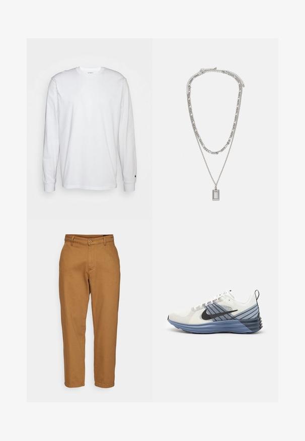 T-shirt blanc à manches longues en coton. Design à col rond avec des poignets côtelés et un petit logo sur la manche gauche. Texture lisse.; Pantalons marron à jambes droites avec une texture lisse, fermeture à bouton et passants de ceinture. Présente un design classique et sans motifs visibles.; Chaussure de course Nike avec une tige en mesh blanche, des accents bleu marine et une semelle dégradée bleue. Comprend un swoosh noir et un talon texturé.; Collier en argent avec deux chaînes superposées ; présente un pendentif rectangulaire avec une surface lisse, mettant en valeur une finition métallique polie.