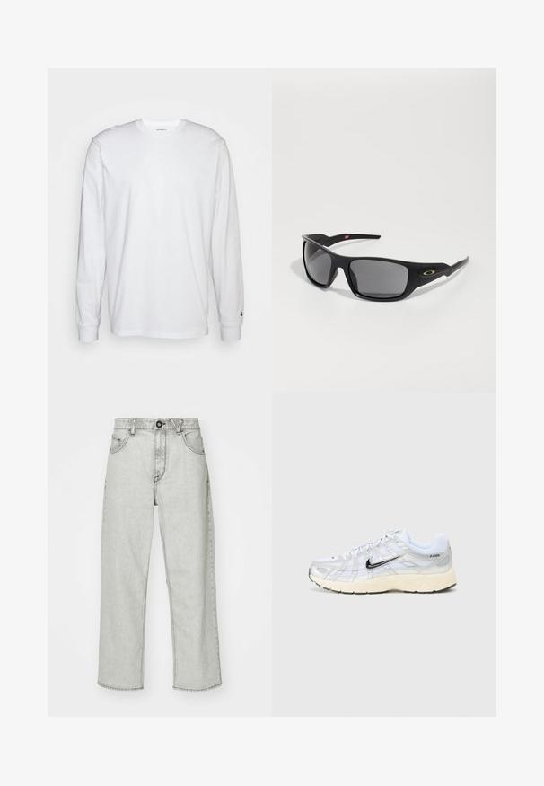 White long-sleeved T-shirt made of cotton. Crew neck design with ribbed cuffs and a small logo on the left sleeve. Smooth texture.; Light gray high-waisted jeans with a relaxed fit, five pockets, front button closure, and subtle textured pattern on denim fabric.; White mesh sneakers with silver accents, black Nike swoosh, padded collar, and textured sole. Features a layered design for stability.; Black sunglasses with a rectangular shape, made of durable plastic, featuring gray tinted lenses and a gold accent on the side.