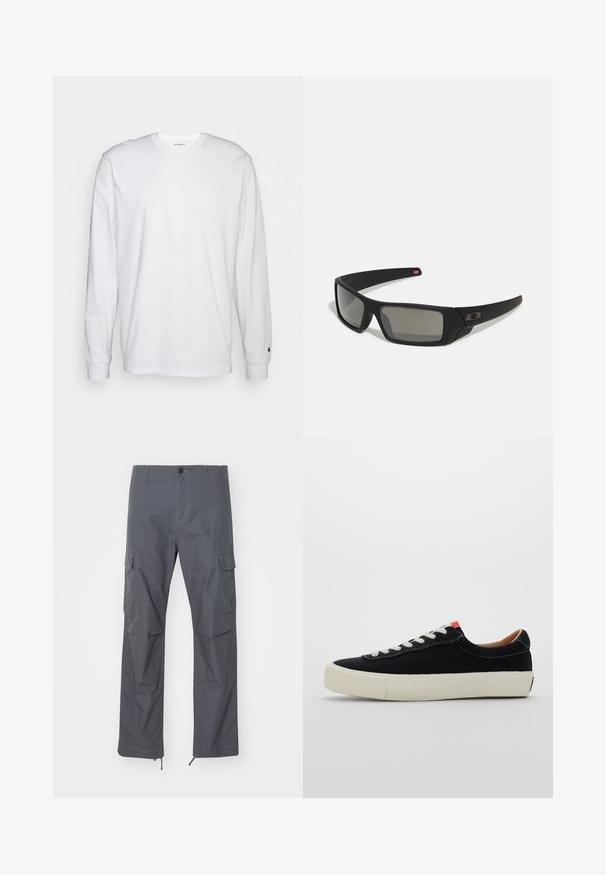Camiseta blanca de manga larga hecha de algodón. Diseño de cuello redondo con puños acanalados y un pequeño logo en la manga izquierda. Textura suave.; Pantalones cargo grises con un corte recto, múltiples bolsillos, cierre de botón y puños ajustables en el dobladillo. Hechos de una tela duradera y ligera.; Zapatilla de tela negra con cordones blancos, suela de goma beige y acento rojo en el talón. Punta redondeada y detalles de costura mínimos.; Gafas de sol negras con acabado mate, lentes rectangulares, ligera curvatura en las patillas, sutil detalle del logo y lentes ahumados.