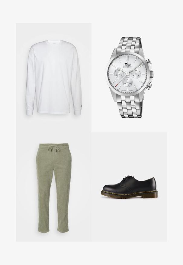 Bela dolgimi rokavi majica iz bombaža. Oblika s krožnim izrezom z rebrastimi manšetami in majhnim logotipom na levi rokavu. Gladka tekstura.; Kaki kordurojske hlače s elastičnim pasom, nastavljivim vrvico in ravnimi nogami. Imajo izrazito rebrasto teksturo po celotni površini.; Črn usnjen čevelj z zaobljenim nosom, zavezovanje z vezalkami, rumena šivanka ob podplatu in masiven, teksturiran gumijast podplat.; Srebrna kronografska ura s poliranim jeklenim pasom, teksturirano belo številčnico, tremi podštevilčnicami in rdečim poudarkom na kazalcu minut.