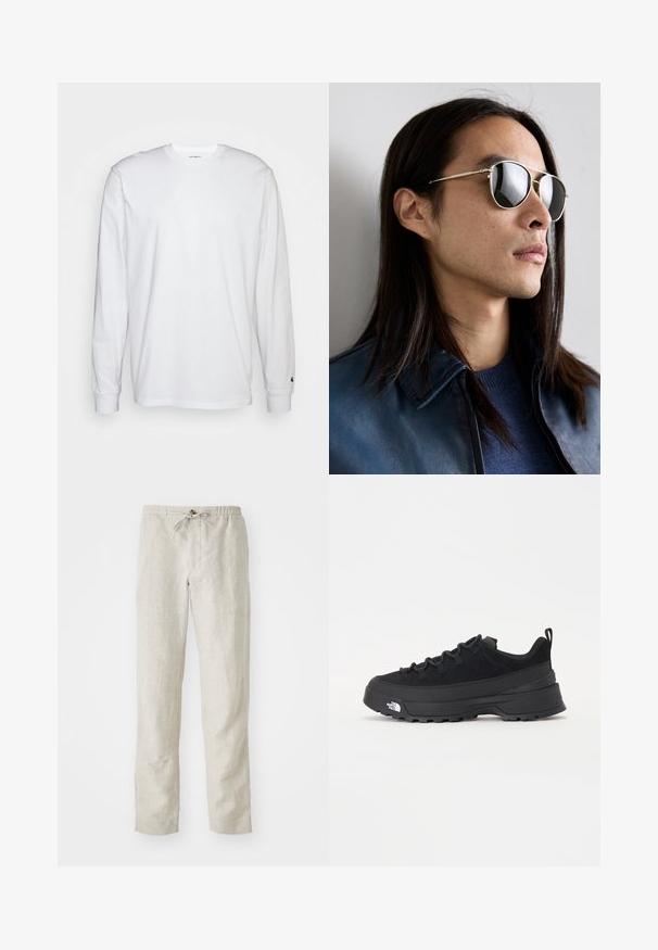Fehér, hosszú ujjú, pamut póló. Kerek nyakú kialakítás, bordázott mandzsetták és egy kis logó a bal ujján. Simaság jellemzi.; Világos bézs len nadrág egyenes szabású designnal, rugalmas derékpánttal, állítható zsinórral, és látható minták vagy fémalkatrészek nélkül.; Fekete kültéri sneaker velúr felsőrésszel, texturált gumitalppal és strapabíró fűzőrendszerrel. Megerősített sarkú és oldalán márkalogóval rendelkezik.; Fém napszemüveg, tükröződő lencsékkel, pilóta forma, ezüst kerettel és részletezéssel a templomon. Kék pulóverrel és kabáttal viselve.