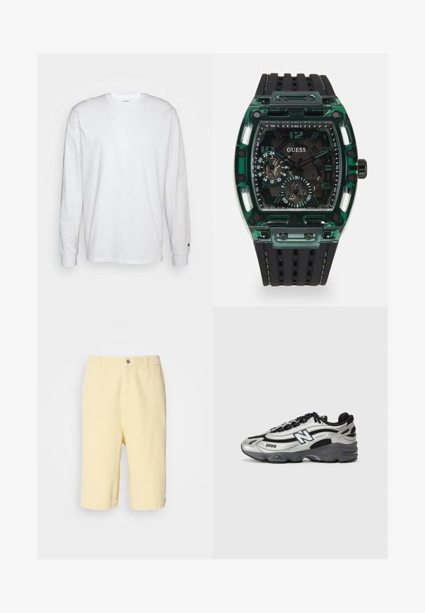 Camiseta blanca de manga larga hecha de algodón. Diseño de cuello redondo con puños acanalados y un pequeño logo en la manga izquierda. Textura suave.; Pantalones cortos de algodón amarillos con un corte recto, que cuentan con un cierre frontal de botón y dobladillo enrollado. Textura suave, diseño casual.; Zapatillas deportivas plateadas y negras con parte superior de malla, suela acolchada, diseño de cordones y detalle de marca en el costado.; Reloj Guess con caja rectangular de plástico verde, correa de goma texturizada negra y múltiples esferas con números y acentos en negrita.