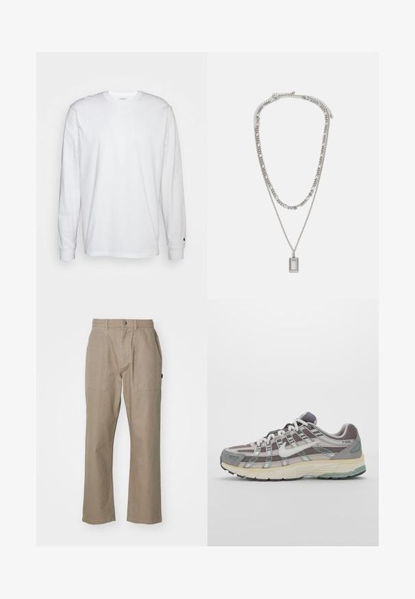 T-shirt de mangas longas branca feita de algodão. Design de gola redonda com punhos canelados e um pequeno logotipo na manga esquerda. Textura suave.; Calças de algodão bege com corte reto, apresentando dois bolsos frontais e um fecho de botão na cintura. Textura suave, sem padrões.; Sapatilha atlética cinza com parte superior em malha e camurça, detalhes brancos, sola acolchoada e um design distinto com elementos refletivos.; Colar de prata com duas correntes em camadas; apresenta um pendente retangular com uma superfície lisa, exibindo um acabamento metálico polido.