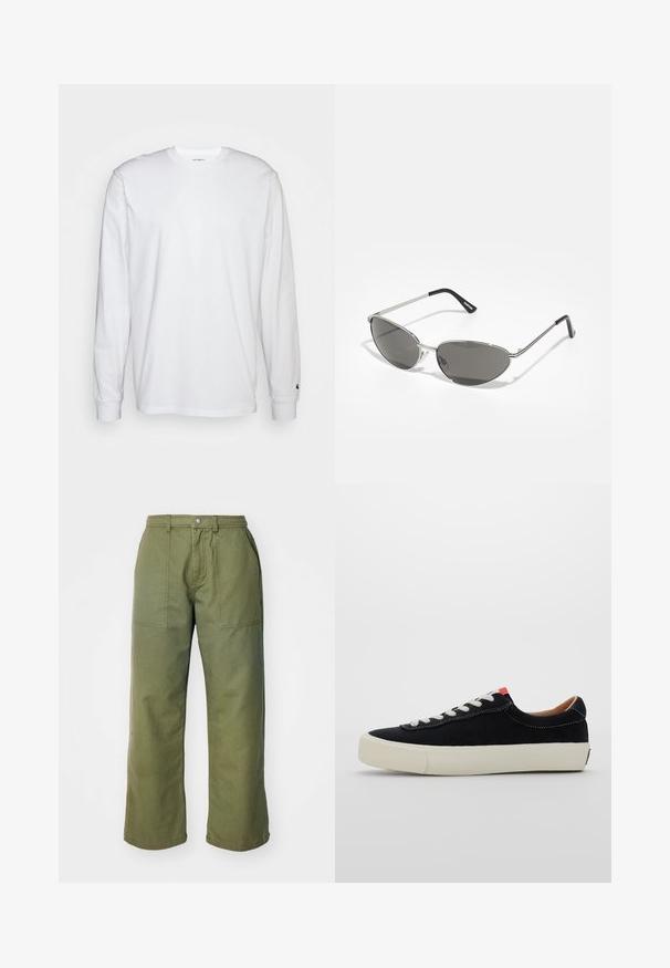 Biała, długospełna koszulka wykonana z bawełny. Klasyczny krój z okrągłym dekoltem, ściągaczami na rękawach oraz małym logiem na lewym rękawie. Gładka tekstura.; Oliwkowe spodnie z szerokimi nogawkami, wykonane z mocnego materiału, z zamkiem błyskawicznym, przednimi kieszeniami oraz prostymi detalami stawów.; Czarne sneakersy z materiału, z białymi sznurowadłami, beżową gumową podeszwą i czerwonym akcentem na pięcie. Okrągły czubek i minimalne detale przeszyć.; Okulary przeciwsłoneczne z elegancką, srebrną metalową ramą, szarymi soczewkami i aerodynamicznym kształtem z wyraźnymi krawędziami oraz cienkimi zausznikami.