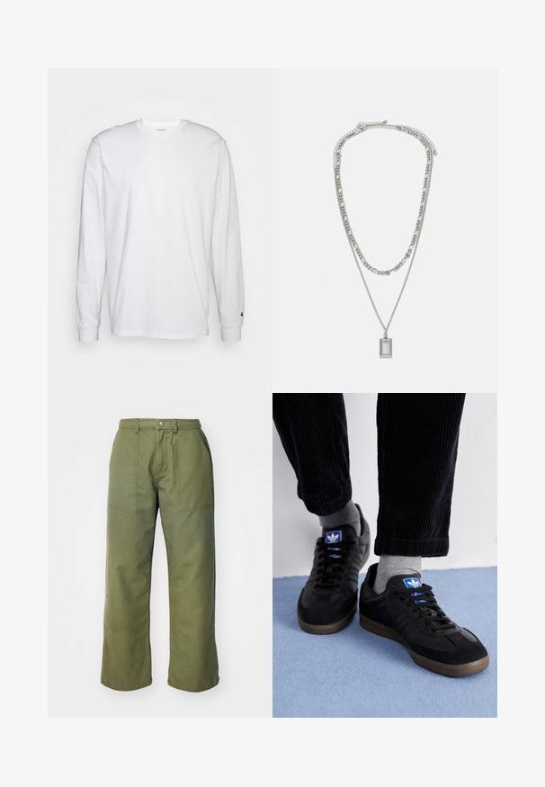White long-sleeved T-shirt made of cotton. Crew neck design with ribbed cuffs and a small logo on the left sleeve. Smooth texture.; Olive green wide-leg pants made of sturdy fabric, featuring a zipper fly, front pockets, and simple stitching details.; Black sneakers with suede and leather material, featuring a blue logo and brown rubber sole. Paired with gray socks and corduroy pants.; Silver necklace with two layered chains; features a rectangular pendant with a smooth surface, showcasing a polished metal finish.