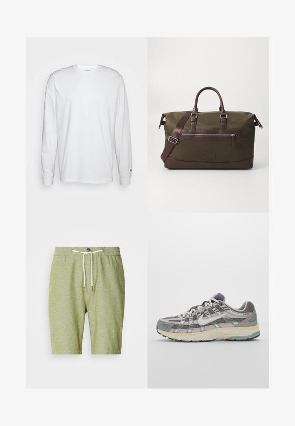 T-shirt blanc à manches longues en coton. Design à col rond avec des poignets côtelés et un petit logo sur la manche gauche. Texture lisse.; Shorts vert clair en mélange de coton, dotés d'une taille élastique avec cordon de serrage et embouts en métal, de courte longueur et sans poches.; Chaussure de sport grise avec une tige en mesh et en daim, accents blancs, semelle rembourrée et un design distinctif avec des éléments réfléchissants.; Sac de sport en toile vert olive avec des accents en cuir brun, équipé de deux poignées, d'une bandoulière amovible et d'une poche zippée à l'avant.; Collier à plusieurs couches mettant en valeur des chaînes argentées métalliques et des perles dans des teintes blanches et brunes, présentant des textures et des formes variées.