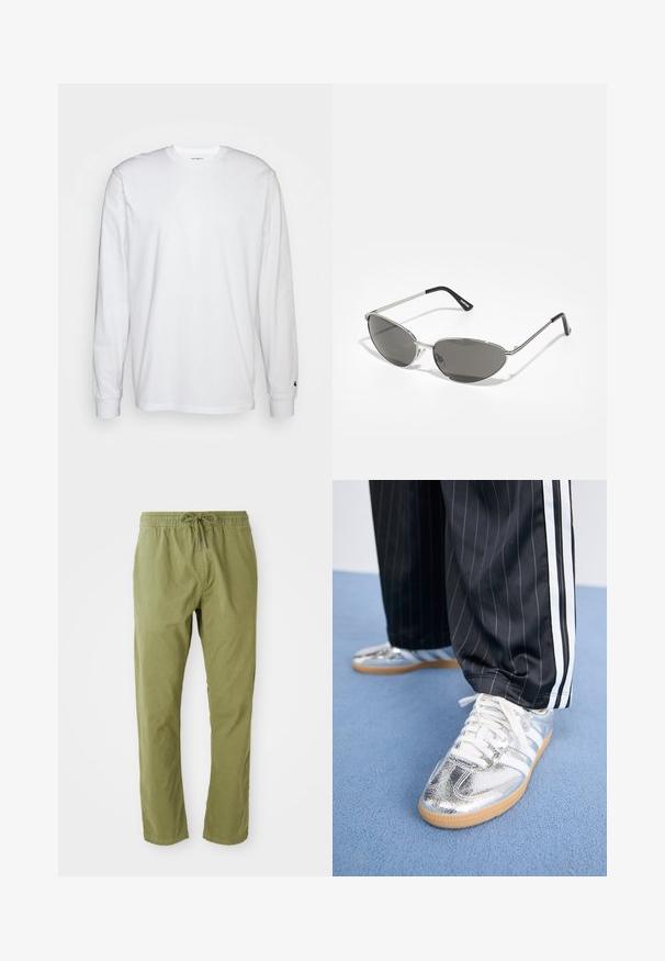 Fehér, hosszú ujjú, pamut póló. Kerek nyakú kialakítás, bordázott mandzsetták és egy kis logó a bal ujján. Simaság jellemzi.; Olíva zöld, laza fit szabású nadrág, elasztikus derékkal és húzózsinórral. Puha anyagból készült, sima textúrával és egyenes lábakkal.; Fémes ezüst színű sneaker cipők fehér fűzőkkel és három fehér csíkkal, fekete csíkozott nadrággal párosítva. Az alján gumi talp kiemelés.; Sötétített lencsékkel rendelkező napszemüveg, elegáns, ezüst színű fém vázzal, aerodinamikus kialakítással, hegyes szélekkel és vékony szárakkal.; Fekete steppelt táska nagy nyílással, ívelt formákkal a felületen, és egy címkével, amely sárga és fehér szöveget tartalmaz az elején.; Hét ezüst gyűrűből álló szett, különböző formákkal és szélességekkel, köztük csavart, összekapcsolt és gravírozott mintákkal.
