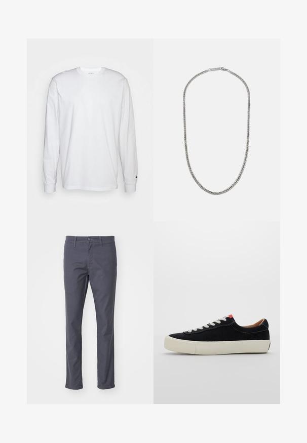 Hvit langermet T-skjorte laget av bomull. Rund hals-design med ribbestrikkede mansjetter og en liten logo på venstre erme. Glatt tekstur.; Mørk grå chinos laget av en bomullsblanding. Har knapp og glidelåsåpning, beltehemper og rett ben-design.; Svarte tekstil-sneakers med hvite snørebånd, beige gummisåle og rødt akssent ved hælen. Rund tå og minimal stingdetalj.; Sølvmetallkjede med flat lenkedesign, glatt overflate og lås med et merketag.