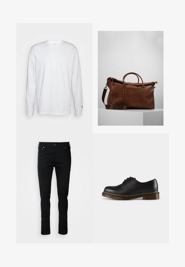 Bela dolgimi rokavi majica iz bombaža. Oblika s krožnim izrezom z rebrastimi manšetami in majhnim logotipom na levi rokavu. Gladka tekstura.; Črne jeans hlače z ožjim krojem, z zadrgo, passom za pas in sprednjimi žepi. Gladka tekstura, minimalna dekoracija, klasičen dizajn.; Črn usnjen čevelj z zaobljenim nosom, zavezovanje z vezalkami, rumena šivanka ob podplatu in masiven, teksturiran gumijast podplat.; Brahna usnjena potovalna torba z zadrgo, dvojno ročajema, nastavljivim naramnim trakom in vidnimi teksturami na površini.