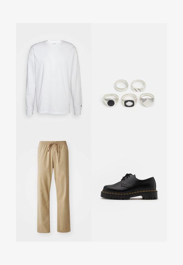 T-shirt blanc à manches longues en coton. Design à col rond avec des poignets côtelés et un petit logo sur la manche gauche. Texture lisse.; Pantalons beige clair avec une taille élastique et un cordon de serrage. Fabriqués en tissu doux, présentant des jambes droites et une texture lisse.; Chaussure en cuir noir à lacets avec un bout arrondi, semelle en caoutchouc texturée et surpiqûre jaune autour de la base. Design plat et finition lisse.; Cinq anneaux en argent : un avec un détail circulaire noir, un avec un motif géométrique blanc et noir, et les autres avec diverses formes et finitions.