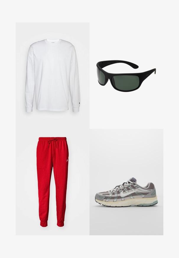 Balta garām piedurknēm T-kreklā, kas izgatavots no kokvilnas. Arapa kakla dizains ar ribotām aprocēm un mazu logotipu uz kreisās piedurknes. Gluda tekstūra.; Sarkanas kokvilnas sporta bikses ar aukliņu viduklī, elastīgiem manšetēm un mazu logotipa akcentu sānos. Mīksta tekstūra, taisnu kāju piegriezums.; Pelēkie sporta apavi ar tīkla un zamša augšdaļu, baltiem akcentiem, mīkstinātu zoli un izcilu dizainu ar atstarotājiem.; Melnas saulesbrilles ar tumši zaļām lēcām. Matēta apdare, izliekta forma, ar taisnām kājiņām un smalku zīmola logo sānos.