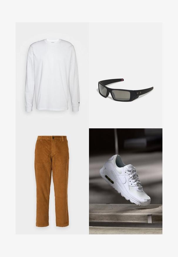 Fehér, hosszú ujjú, pamut póló. Kerek nyakú kialakítás, bordázott mandzsetták és egy kis logó a bal ujján. Simaság jellemzi.; Barna kordbársony nadrág, texturált felülettel, egyenes lábakból és egy gombos derékkal.; Fehér Nike Air Max 90 sneaker, amely hálós és bőr felsőrésszel, perforált orr-résszel és látható légpárnás egységgel rendelkezik a saroknál.; Fekete napszemüveg matt felülettel, téglalap alakú lencsékkel, enyhe ívvel a templomokon, diszkrét logó részlettel és füstszínű lencsékkel.