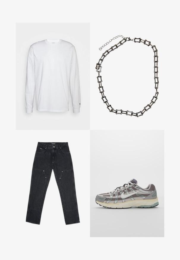 Valge pika varrukaga T-särk, mis on valmistatud puuvillast. Ümmargune kaelus, ribaga mansetid ja väike logo vasakul varrukal. Sile tekstuur.; Pegador VINTO CARPENTER - Tisleri teksad - washed black; Hallus hallitus jalanõud, millel on võrgust ja sametist ülemine osa, valged rõhutused, pehme tald ning eristuv disain peegelduvate elementidega.; Metallist kett, millel on piklikud ja seotud ristkülikukujulised vormid tumedas viimistluses. Sisaldab homaarikinnitus ning reguleeritavat ketti.