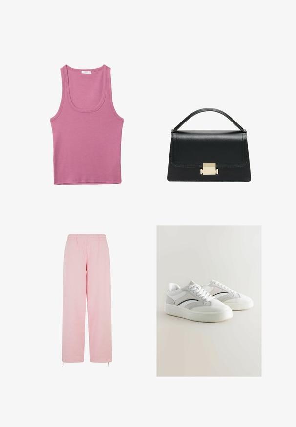 Vijolična top majica brez rokavov s okroglo ovratnikom in širokimi naramnicami, narejena iz mehkega bombažnega blaga. Gladka tekstura brez vidnih vzorcev ali okrasnih elementov.; Svetlo roza trenirka iz mehkega materiala, ki ima elastičen pas, naravnost krojen hlačnic in nastavljive vrvice na koncu.; Bele superge iz gladkega sintetičnega materiala z akcenti iz semiša. Imajo teksturiran podplat, vezalni dizajn in subtilne stranske detajle.; Črna usnjena torbica z strukturiranim dizajnom, zgornjim ročajem in zlate kovinske sponke na sprednji strani. Gladka tekstura, minimalno šivanje.