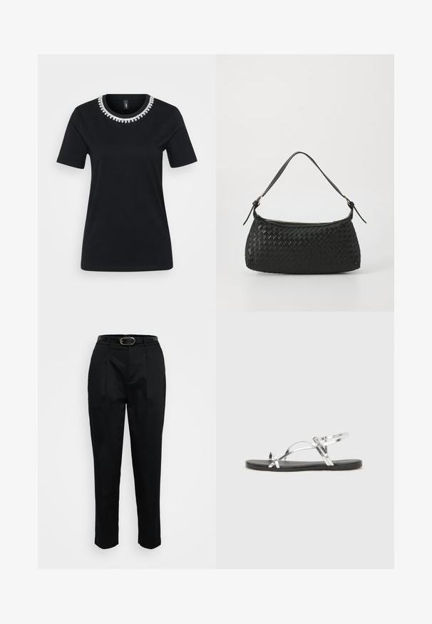 Crna majica s kratkim rukavima koja ima dekorativnu ovrtnicu s perlicama. Izrađena od mekog materijala s standardnim krojem i okruglim rubom.; Crne hlače krojenog kroja, s remenom sa zlatnom kopčom, nabranim detaljima sprijeda i glatkom teksturom tkanine.; Srebrne metalik sandale s minimalističkim dizajnom, s tankim trakama i crnom ravnom potplatom. Istaknute su naglašene ukrštene trake.; Crna torba preko ramena od tkanine s glatkim kožnim remenom i zatvaranjem na patentni zatvarač. Ima teksturiranu površinu i zakrivljen oblik.