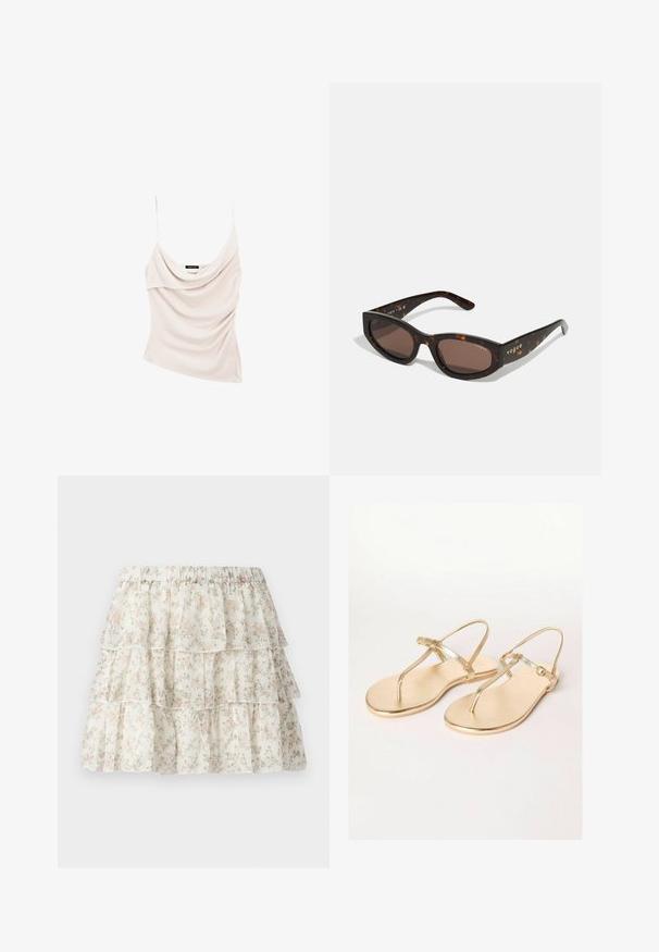 Helles beiges Tanktop mit schickem Kragen und dünnen Trägern, das mit drapiertem Stoff für ein strukturiertes Aussehen und eine taillierte Silhouette sorgt.; Weiße Rock mit einem geschichteten, rüschenden Design. Besitzt ein zartes Blumenmuster in Pink und Grün. Elastischer Bund für Komfort.; Friends Like These REGULAR FIT - TOE THONG FIT - Zehentrenner - gold; Braune Schildpatt-Sonnenbrille mit rechteckiger Form, dunklen braunen Gläsern und goldener "Vogue"-Markierung an den Bügeln.; Metallic gold Schultertasche mit geschwungener Form, glatter Textur, einem flachen Riemen und einem dekorativen Schnallendetail auf der Vorderseite.; Quadratische Fossil Uhr mit einem Band aus Silber- und Goldton-Metall. Weißes Zifferblatt mit goldenen römischen Ziffern und Datumsanzeige um 6 Uhr. Polierte Oberfläche.; Goldfarbene Armspange mit glatter Außenseite und strukturierter Innenseite. Sie verfügt über ein breites, rundes Design mit einer offenen Aussparung auf einer Seite.
