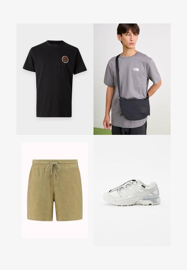 Crna pamučna majica s kratkim rukavima, s okruglim narančastim logotipom "Santa Cruz" na lijevoj strani prsnog dijela. Jednostavan dizajn s okruglim izrezom.; Šortsevi od mekog, maslinasto zelenog materijala. Imaju pojas sa vezicom na kojoj su metalni vrhovi, bočne džepove i opušteni kroj.; Bijela atletska cipela s teksturiranim mrežastim gornjim dijelom, reflektirajućim detaljima i udobnim potplatom. Ima elastične vezice i sivo istaknute dijelove.; Crna najlonska torba preko tijela s podesivom trakom, sa zatvaranjem na vezicu i ugraviranim logotipom. Nosena preko sive majice.