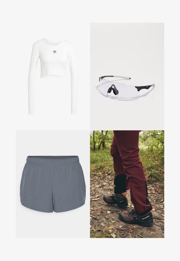 Bílá zkrácená košile s dlouhými rukávy vyrobená z žebrované bavlny. Má kulatý výstřih a malé černé logo Adidas na hrudi.; Šedé sportovní šortky s měkkou strukturou, elastickým pasem a mírně zakřiveným lemem. Obsahují malé perforace pro prodyšnost.; Hnědé turistické boty s černými akcenty a robustními podrážkami, v kombinaci s vínovými nepromokavými kalhotami se černými bočními panely a zipy.; Sportovní sluneční brýle s odolným černým a růžovým designem, s bezrámovou konstrukcí a čirými, lehce tónovanými skly. Zahrnují gumové detaily.