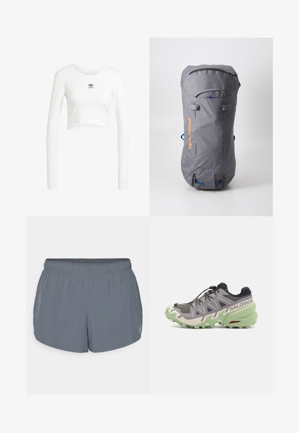 Bílá zkrácená košile s dlouhými rukávy vyrobená z žebrované bavlny. Má kulatý výstřih a malé černé logo Adidas na hrudi.; Šedé sportovní šortky s měkkou strukturou, elastickým pasem a mírně zakřiveným lemem. Obsahují malé perforace pro prodyšnost.; Šedá trailová běžecká obuv s texturovaným síťovaným svrškem, zelenou gumovou podrážkou a výraznými designovými prvky včetně systému rychlého šněrování a loga.; Šedý batoh válcového tvaru, vyrobený z látky. Má nahoře zip, modré akcenty a oranžové logo. Obsahuje nastavitelné popruhy.