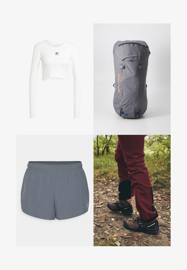 Camisa blanca recortada de manga larga hecha de algodón acanalado. Presenta un cuello redondo y un pequeño logo negro de Adidas en el pecho.; Pantalones cortos deportivos grises con una textura suave, cintura elástica y un dobladillo ligeramente curvado. Presenta pequeñas perforaciones para una mayor transpirabilidad.; Botas de senderismo marrones con acentos negros y suelas resistentes, combinadas con pantalones impermeables burdeos que tienen paneles laterales y cremalleras negras.; Mochila gris con forma cilíndrica, hecha de tela. Presenta un cierre superior, detalles en azul y un logo naranja. Incluye correas ajustables.