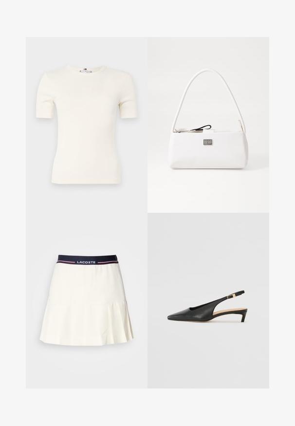 Ribbet kortermet t-skjorte i elfenbenfarge, med rund halslinning og en tettsittende design. Myk tekstil med en jevn tekstur.; Hvit plissert skjørt med marineblå midje og Lacoste-logo med røde detaljer. Laget av et glatt, mykt materiale.; Svart lær slingback hæl med spiss tå, lav hæl og justerbar ankelrem med en gullfarget spenne. Glatt tekstur.; Hvit patentlæder håndtaske med rund håndtag, rektangulær form, sølvhardware og en liten logoplater på forsiden.