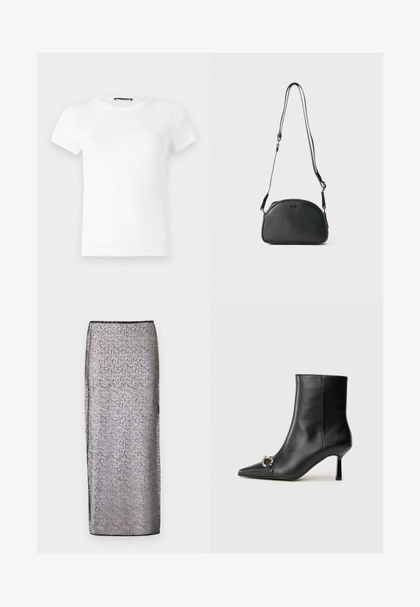 Bela kratka majica z rokavi iz ribane bombažne tkanine. Ima okrogel izrez in prilegajoč dizajn z gladko teksturo.; Dolga, prilegajoča krila iz prozorne srebrne tkanine z diskretnim vzorcem in bleščečimi poudarki. Ima črn pas in rob.; Črne usnjene gležnjarje s koničastim nosom, ozkim srednjem petam in srebrno zaponko na strani na enobarvni podlagi.; Črna usnjena torbica za čez ramo zaokrožene oblike, z dvema prilagodljivima naramnicama in diskretnim logotipom na sprednji strani. Teksturirana zunanjost, minimalističen dizajn.