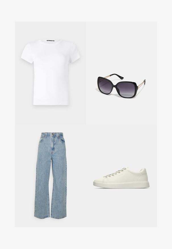 Tricou alb cu mânecă scurtă, fabricat dintr-un material de bumbac ribetat. Are un decolteu rotund și un design ajustat, cu o textură netedă.; Blugi din denim de culoare albastru deschis, cu croială largă, talie înaltă, închidere cu button și fermoar, și design cu cinci buzunare, pe fundal simplu.; Tenis din piele albă, cu talpă joasă și închidere cu șireturi, prezentat din lateral pe un fundal simplu.; Ochelari de soare negri, supradimensionați, cu lentile degradate, rame groase și detalii cu lanț de ton auriu pe brațele templului.; Geantă din pânză de culoare albă cu un grafic mare în spirală violet și textul "WIP"; dispune de o formă rectangulară și mânere duale.