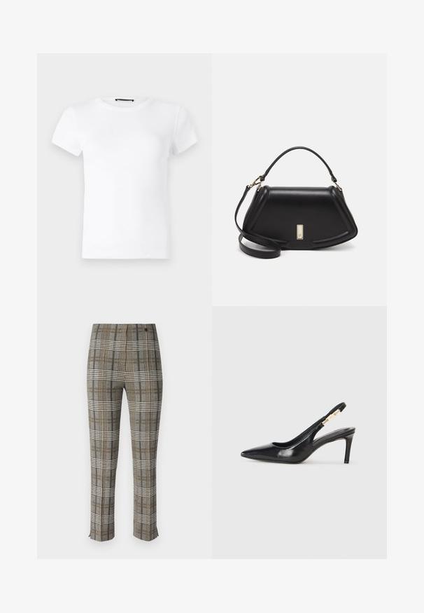 Weißes Kurzarm-T-Shirt aus geripptem Baumwollstoff. Mit rundem Ausschnitt und taillierter Passform, die eine glatte Oberfläche bietet.; Karierte Hosen mit einem Muster in Grau, Schwarz und Gelb, taillierte Passform, Reißverschluss vorne und subtile Schlitze am Saum.; Schwarzer Leder-Slingback-High-Heel-Schuh mit spitzem Zeh, glatter Textur und schmalem Knöchelriemen, der mit goldenen Hardware-Akzenten verziert ist.; Schwarze Lederhandtasche mit einem strukturierten Design, das eine verkürzte Form, einen oberen Griff und goldfarbene Hardware-Details aufweist. Verstellbarer Schulterriemen ist enthalten.