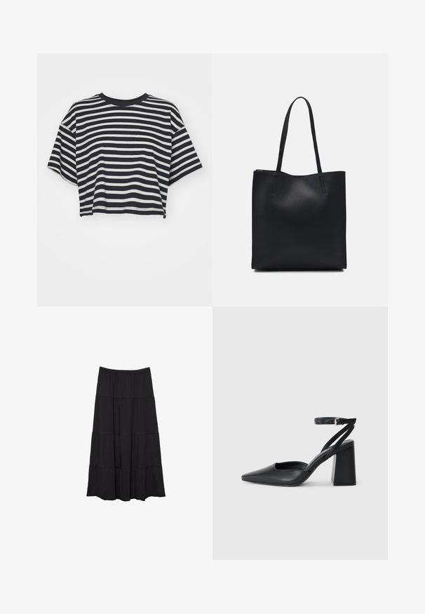 T-shirt cropped a righe in blu navy e bianco. Maniche corte, scollo rotondo, tessuto morbido con righe orizzontali e vestibilità rilassata.; Gonna maxi nera a strati realizzata in tessuto leggero. Vita elasticizzata con tre volants orizzontali, che offrono una silhouette fluida.; Pump in pelle nera con punta affusolata, cinturino alla caviglia e tacco spesso. Texture piatta, design elegante ed estetica minimalista.; Borsa tote in pelle nera con texture liscia, forma rettangolare e due manici lunghi. Nessun hardware o decorazione visibile.