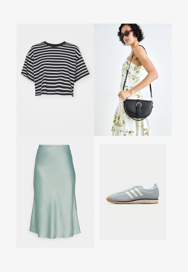 Stripet cropped t-skjorte i marineblått og hvitt. Korte ermer, rund utringning, mykt stoff med horisontale striper og en avslappet passform.; En myntgrønn satengskjørt med en jevn tekstur, en slank silhuett og en liten slisse på den ene siden. Ingen synlig maskinvare eller mønstre.; Lys blå semsket sneakers med hvite tre striper, gummisåle og teksturert mesh. Har en jevn tåhette og merkevare på hælen.; Svart lærveske med en buet form, avtagbar stropp og gullbeslag. Vesken har et klaff med spenne-detall.
