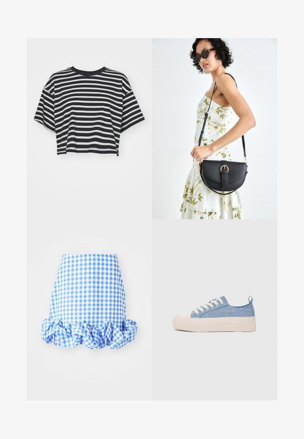 Rööbastega lühikeste varrukatega navy ja valge lühike t-särk. Ümar kaelus, pehme kangas horisontaalsete triipudega ja lõdva lõikega.; Sinine ja valge ruuduline seelik volangiga ääres. Omab kehasse sobivat siluetti ja pehmet kangast tekstuuri. Mustris on väikesed ruudulised ruudud.; Heledad sinised kangast tennisekingad koorevärvi kummist varbakatte ja taldaga, millel on valged paelad ja tõmblukk kandadel.; Mustmust mustraha kõverate joontega, eemaldatava rihmaga ja kuldsete detailidega. Kotil on klapp, millel on pandladetail.