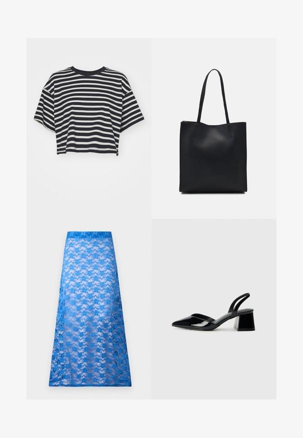 Stripet cropped t-skjorte i marineblått og hvitt. Korte ermer, rund utringning, mykt stoff med horisontale striper og en avslappet passform.; Blå blonde maxiskjørt med et gjennomsiktig tekstur, med et blomstermønster og et solid blått liv. Flyter mykt fra hoftene til skjortekanten.; Svarte patentlær slingback hæler med spiss tå og geometrisk blokk hæl. Har et stilrent, minimalistisk design og jevn tekstur.; Svart lær tote bag med glatt tekstur, rektangulær form og to lange håndtak. Ingen synlige deler eller dekorasjoner.