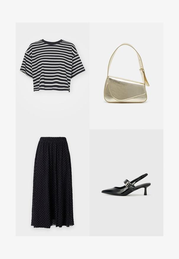 Gestreiftes, kurz geschnittenes T-Shirt in Marineblau und Weiß. Kurze Ärmel, runder Ausschnitt, weicher Stoff mit horizontalen Streifen und lässiger Passform.; Schwarzer Maxikleid mit einem diamantmusterartigen Netztextur, elastischem Bund und leichter Raffung oben, mit silbernen Akzenten versehen.; Schwarze Lackleder Slingback-Absätze mit spitzem Zeh und kleinem Blockabsatz, ausgestattet mit einem silbernen Schnallenakzent am Riemen.; Goldfarbene metallische Handtasche mit strukturiertem Design, glatter Textur und verstellbarem Tragegurt. Sie verfügt über eine einzigartige dreieckige Form und minimalistische Nähte.
