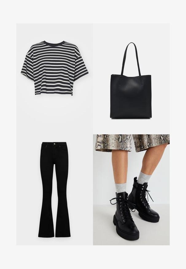 Striped cropped t-shirt in navy and white. Short sleeves, round neckline, soft fabric with horizontal stripes and a relaxed fit.; Black flared jeans made of denim. Features a button closure, five pockets, and a smooth texture. The flared leg starts below the knee.; Steve Madden GUSTO - Platform ankle boots - black; Black leather tote bag with smooth texture, rectangular shape, and two long handles. No visible hardware or embellishments.