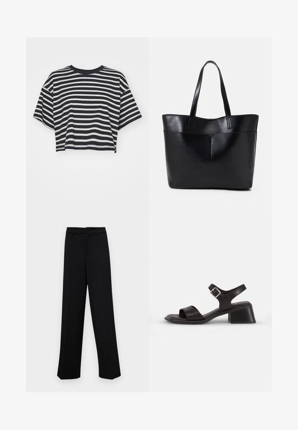 Striped cropped t-shirt in navy and white. Short sleeves, round neckline, soft fabric with horizontal stripes and a relaxed fit.; Black wide-leg trousers made of smooth fabric, featuring a classic waistband with a button closure and front pleats.; Black leather sandal with an open toe, a wide strap across the foot, and an ankle strap featuring a silver buckle. Block heel design.; Black leather tote bag with two long handles, a smooth texture, and a structured shape. Features a front pocket for additional storage.