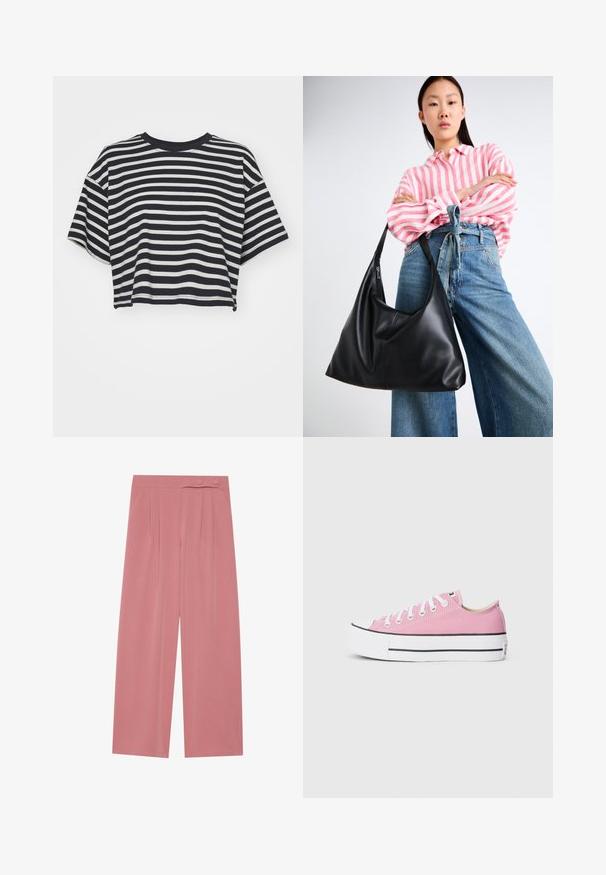Csíkos, rövid fazonú póló sötétkék és fehér színben. Rövid ujjú, kerek nyakkivágású, puha anyagból készült, vízszintes csíkokkal és laza szabással.; Széles lábú nadrág puha rózsaszín anyagból, plisszírozással, rugalmas derékkal és két gombos záródással elöl.; Rózsaszín vászon sportcipők klasszikus alacsony szárú kialakítással, fehér gumitalppal és fekete díszcsíkokkal a talpon. Lapos fehér cipőfűzők.; Fekete bőr válltáska, laza formával és varrás részletekkel. A model egy rózsaszín és fehér csíkos inget visel széles szárú kék farmernadrággal.