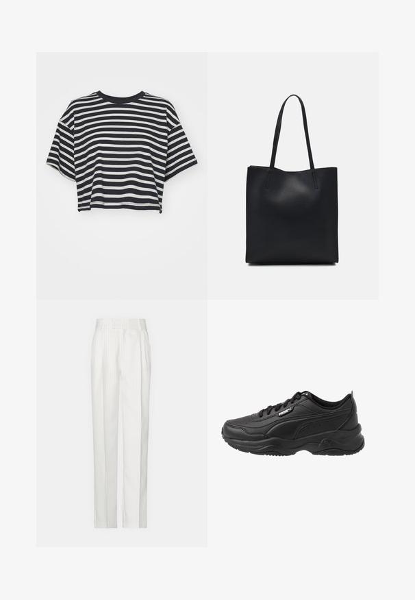 Stripet cropped t-skjorte i marineblått og hvitt. Korte ermer, rund utringning, mykt stoff med horisontale striper og en avslappet passform.; Hvite strikkede bukser med rette ben, laget av et lett stoff. Har folder foran og et tradisjonelt midjebånd.; Svarte sportsko laget av glatt skinn, med polstret krage, avrundet tå, snøring og Puma-logo på siden.; Svart lær tote bag med glatt tekstur, rektangulær form og to lange håndtak. Ingen synlige deler eller dekorasjoner.
