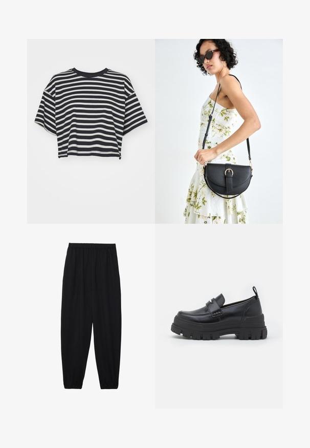 Csíkos, rövid fazonú póló sötétkék és fehér színben. Rövid ujjú, kerek nyakkivágású, puha anyagból készült, vízszintes csíkokkal és laza szabással.; Fekete, könnyű nadrág elasztikus derékkal és ráncolt bokákkal. Az anyag sima és laza, szűkített dizájnnal rendelkezik.; Fekete bőr slip-on cipő vastag fekete gumitalppal. Jellemzője egy széles pánt az elülső részen és egy steppelt mintázat az orrán.; Fekete bőrtáska ívelt formával, levehető pánttal és arany színű fémrészekkel. A táskán egy csattal díszített fedél található.