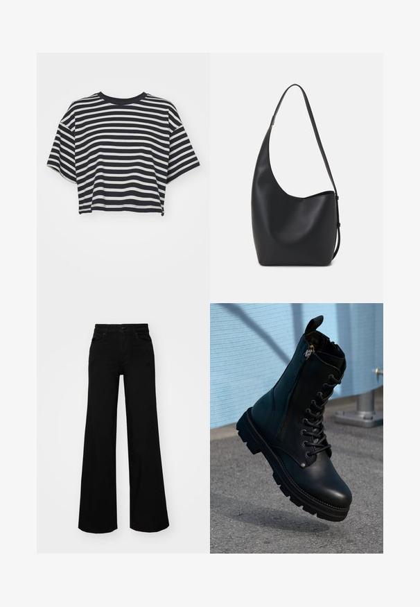 Tricou scurt cu dungi în nuanțe de bleumarin și alb. Mâneci scurte, guler rotund, material moale cu dungi orizontale și o croială lejeră.; Pantaloni negri cu picioare largi, din denim, cu un brau structurat, bucle pentru curea și buzunare frontale. Textură netedă, cu un design clasic.; Botine din piele neagră până la gleznă, cu un design cu șireturi, fermoar lateral, finisaj texturat și o talpă robustă cu șanțuri proeminente.; Geantă hobo din piele neagră, cu o textură netedă, formă curbată și un singur bretele ajustabil; are o deschidere largă în partea de sus.