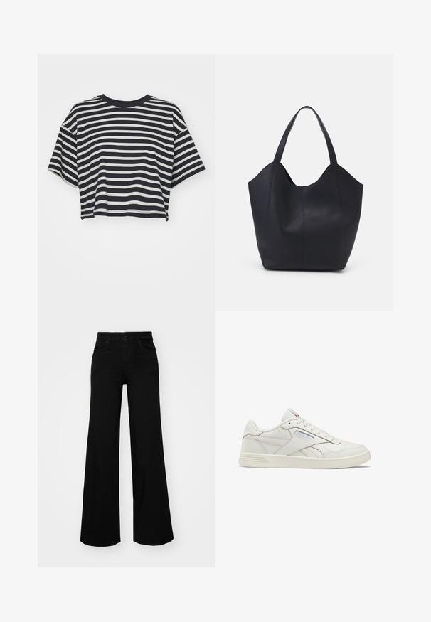 Ribbet cropped t-shirt i navy og hvid. Korte ærmer, rund halsudskæring, blødt stof med vandrette striber og en afslappet pasform.; Sorte bukser med bred benvidde lavet af denim, med en struktureret talje, bæltesløjfer og forlommer. Glat tekstur med et klassisk design.; Reebok Classic ADVANCE  - Sneakers - chalk blue pearl vector red; Sort tote taske lavet af glat læder, med en buet, åben top, to skulderstropper og et minimalistisk design.