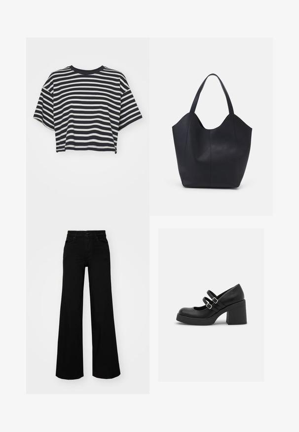 Csíkos, rövid fazonú póló sötétkék és fehér színben. Rövid ujjú, kerek nyakkivágású, puha anyagból készült, vízszintes csíkokkal és laza szabással.; Fekete, bő szárú farmernadrág, amelynek állítható derékrésze van, övhurkokkal és elülső zsebekkel. Simaság jellemzi, klasszikus dizájnnal.; Call it Spring MONROE - Platform magas sarkúk - black smooth; Fekete tote táska sima bőrből, ívelt, nyitott tetővel és két vállpánttal, minimális dizájnnal.