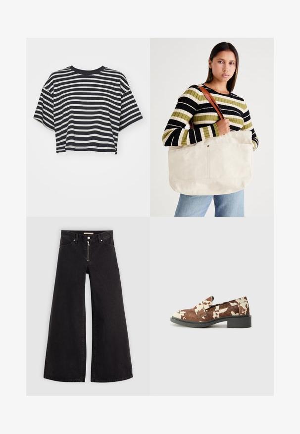 Striped cropped t-shirt in navy and white. Short sleeves, round neckline, soft fabric with horizontal stripes and a relaxed fit.; Wide-leg jeans in black denim with a zippered front, five-pocket design, and subtle stitching details. Smooth texture and casual style.; Brown and cream cowhide loafers with a flat black sole, featuring a decorative strap across the vamp and a smooth texture.; Large beige canvas tote bag with brown leather straps, featuring a minimal design and visible stitching accents.