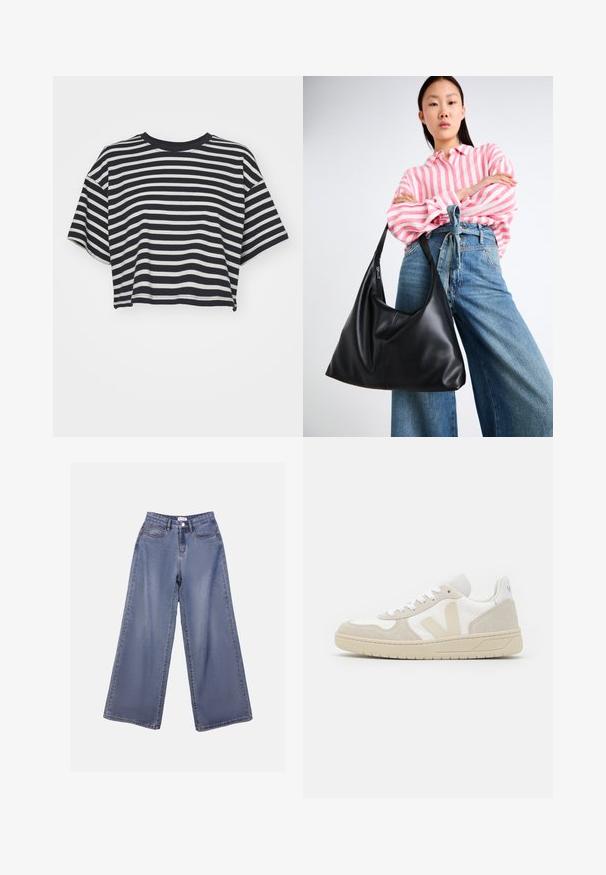 Stripet cropped t-skjorte i marineblått og hvitt. Korte ermer, rund utringning, mykt stoff med horisontale striper og en avslappet passform.; Bredde ben jeans i lys blå vask, med høy livhøyde, frontlommer og knappelukking med beltehemper.; Hvite og beige sneakers med et strukturert tekstiloverdel, suède detaljer og en tykk gummisåle; har et fremtredende V-logo på siden.; Svart skinn skulderveske med en avslappet form og sømdetaljer. Modellen har på seg en rosa og hvit stripete skjorte med vide blå jeans.